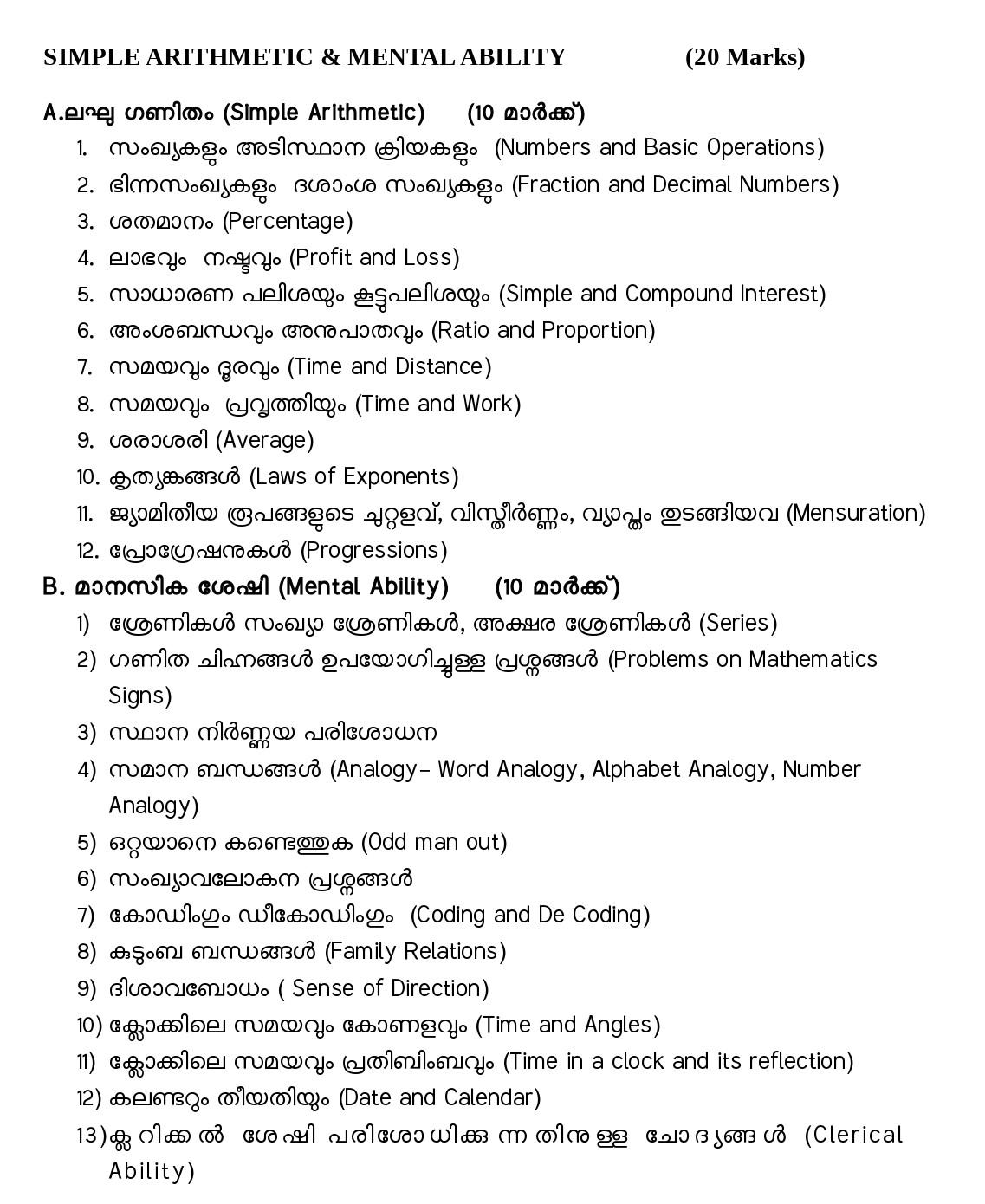 KERAL PSC SI PRELIMS SYLLABUS